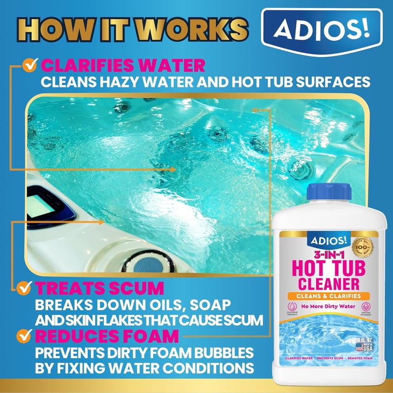 ADIOS! 3-in-1 Spa Cleaner - Clarifies Water, Stops Scum and Removes Foam, Works with Chlorine and Bromine 16oz - Image 2